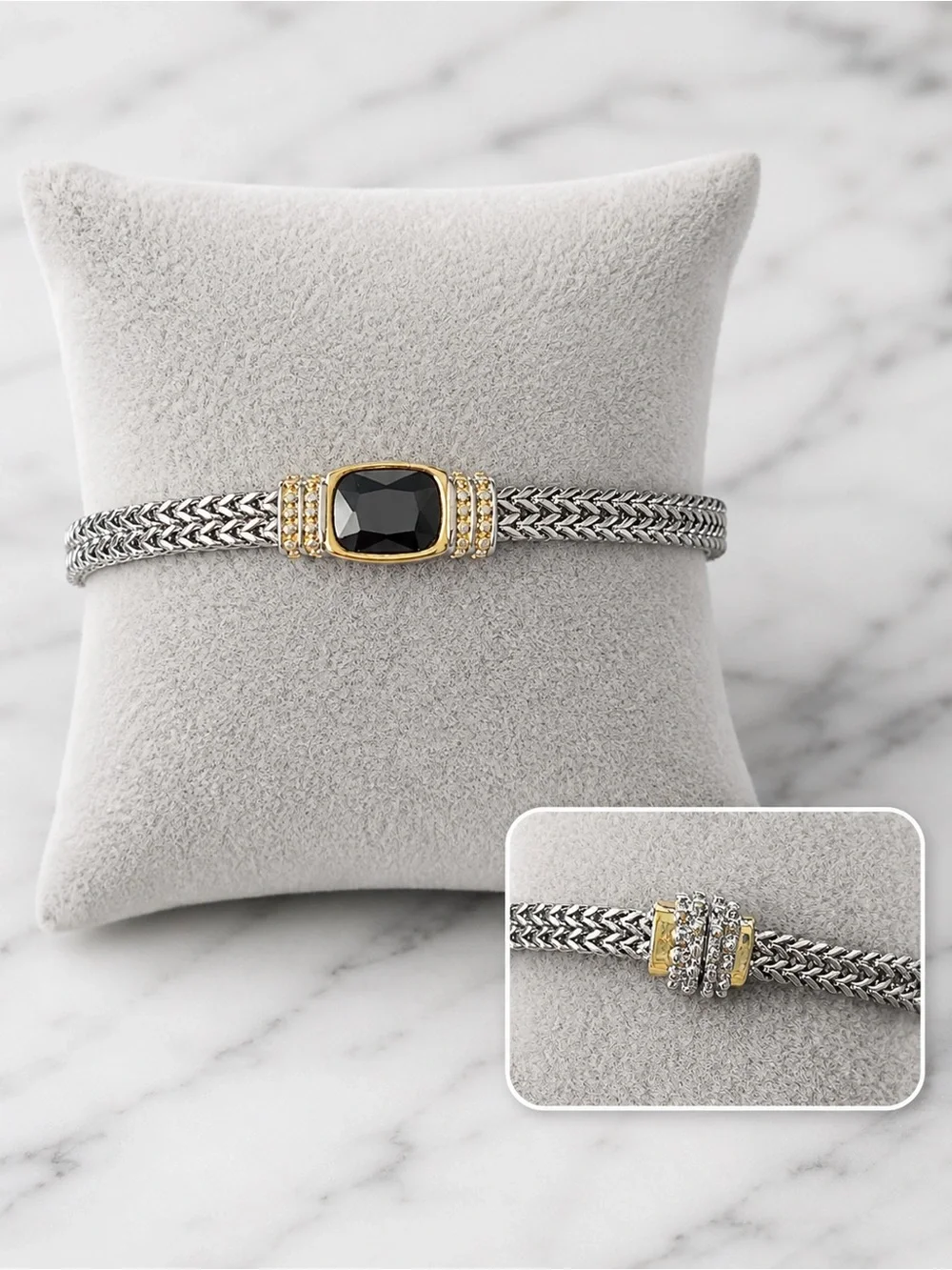 18K Two-Tone Gold Over Brass|CZ Onyx Bracelet 7.5”|NWOT